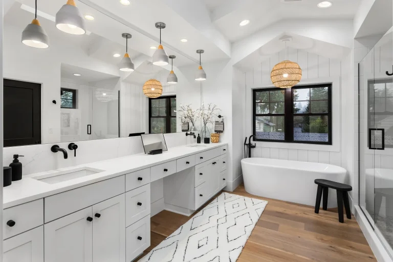 white modern bathroom with wooden floor