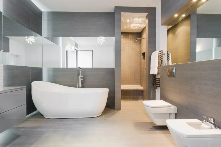 modern grey bathroom with white fittings