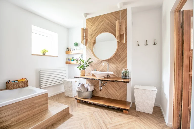 white bathroom with wooden accessories