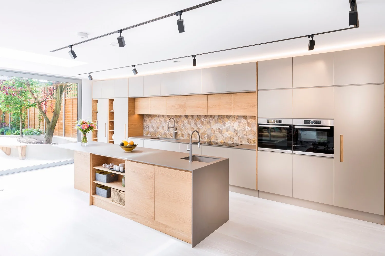 modern kitchen with bright cabinets