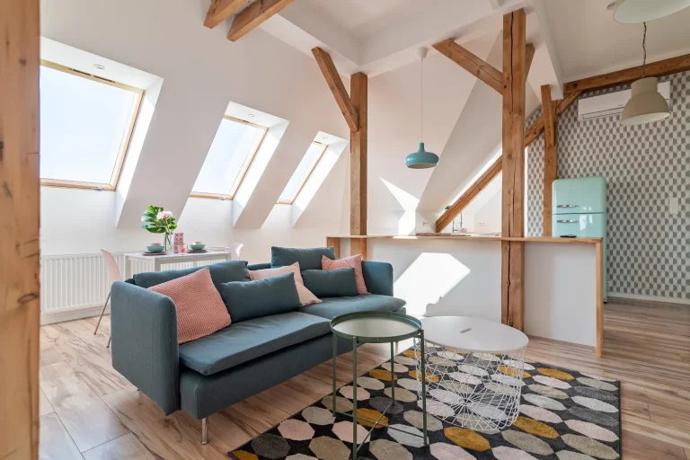 loft living room with kitchen