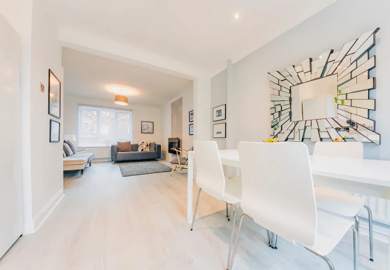 bright dining and living room after house renovation