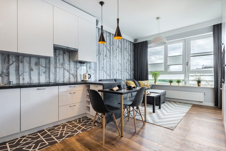 Modern small room with kitchen area and wooden floor